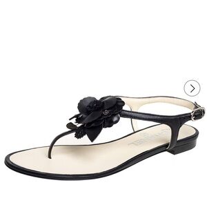 CHANEL Black Leather Sandals with Camellia
